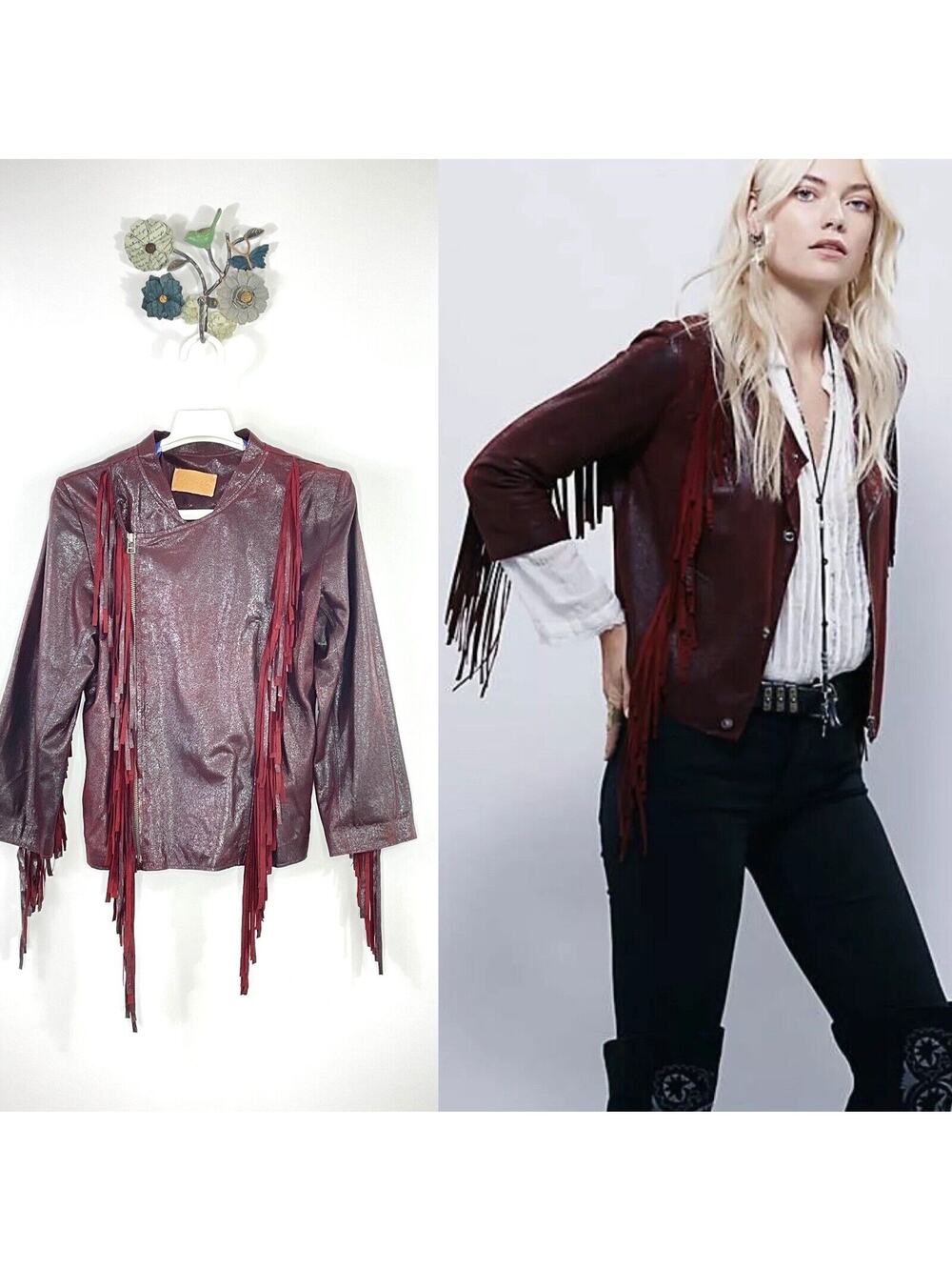 Cleobella Everly Fringe Moto Leather Suede Jacket Size Medium Burgundy Boho